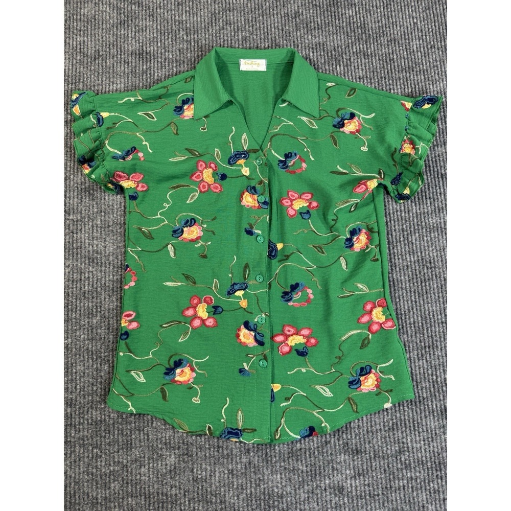Dashing Women's Green Floral Embroidered Button Ruffle Blouse Short Sleeve S